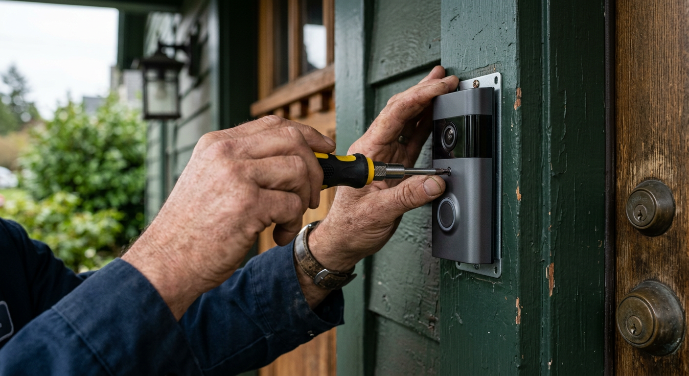 A handyman carefully installing a new smart doorbell on a home in Magnolia, WA.