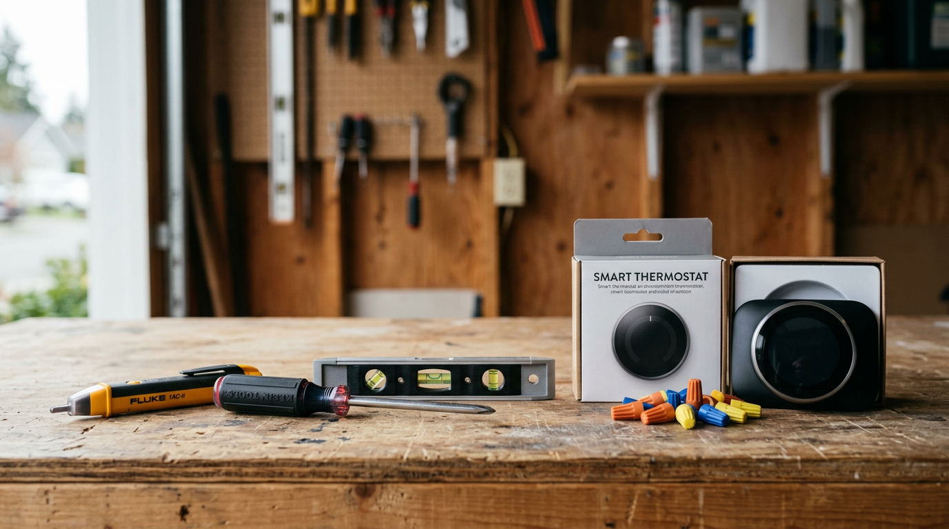 Tools for a smart home installation, including a smart thermostat and voltage tester, on a workbench in a Mill Creek, WA home.