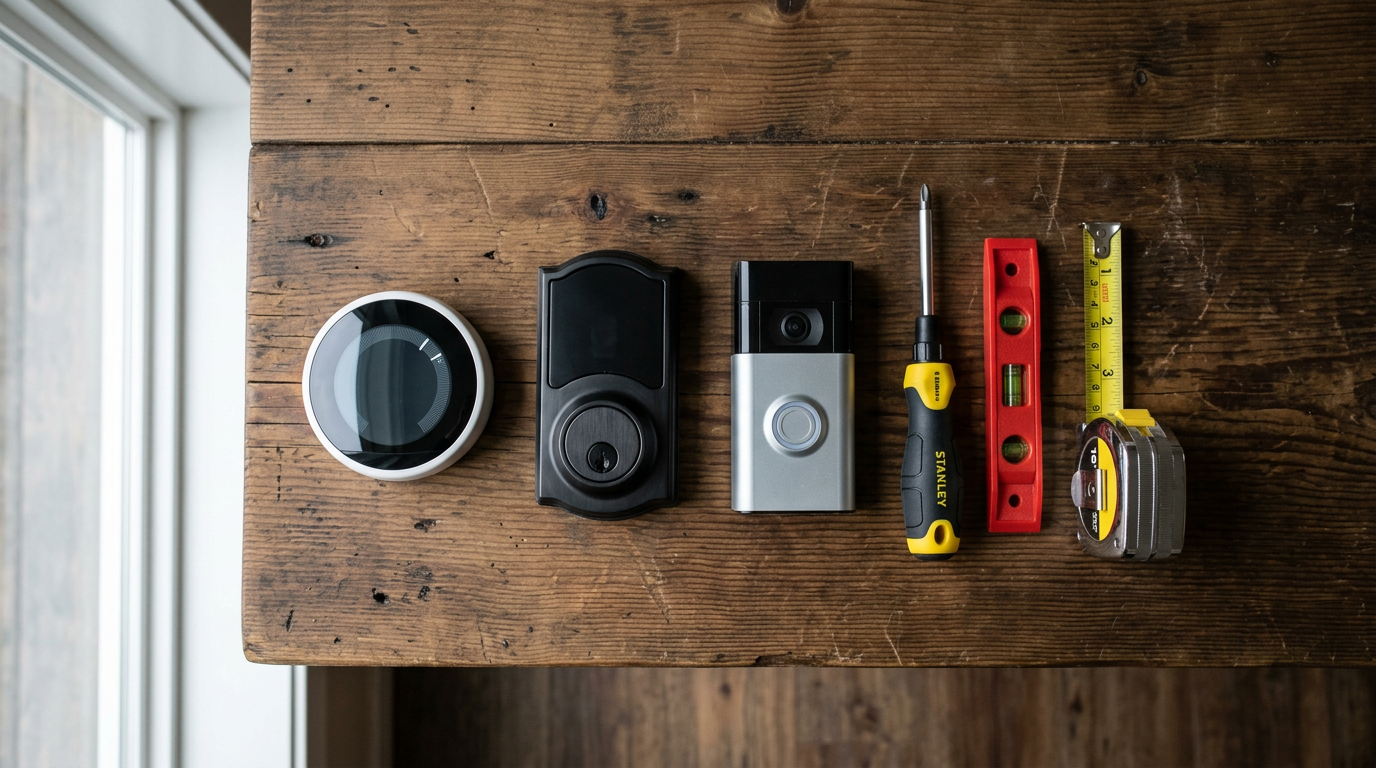 A layout of smart home devices including a thermostat and lock, ready for smart home installation in Edmonds, WA.