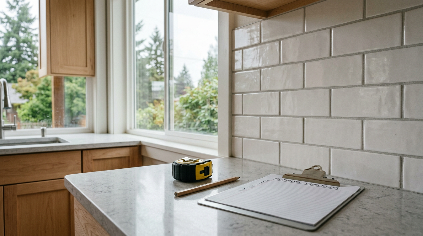 A close-up of a new quartz countertop and tile backsplash in a remodeled Snohomish kitchen.