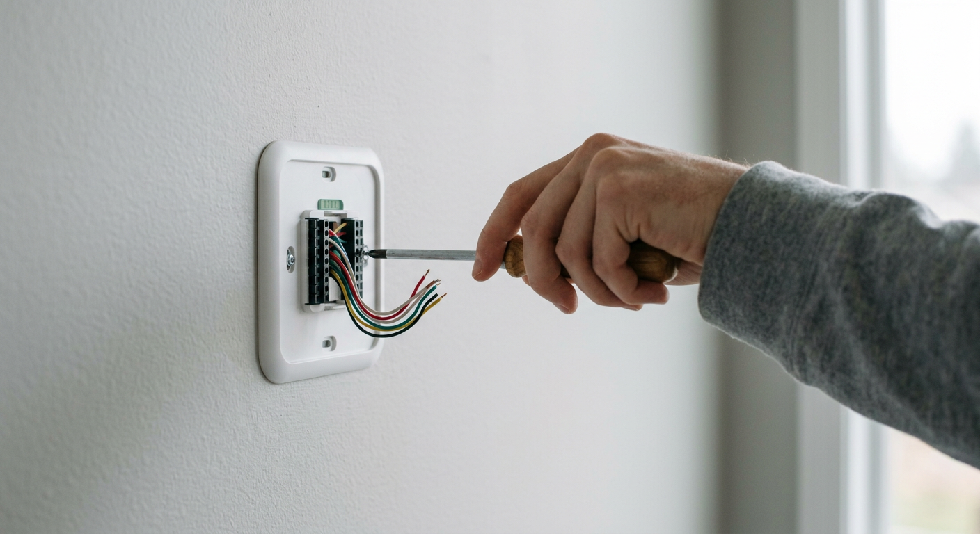 A handyman installing a new smart thermostat on a wall in a Snohomish home.