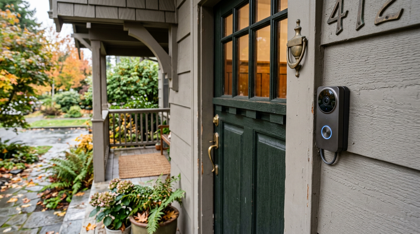 A new smart video doorbell installed on a home in Snohomish, WA, showing a practical smart home add-on.
