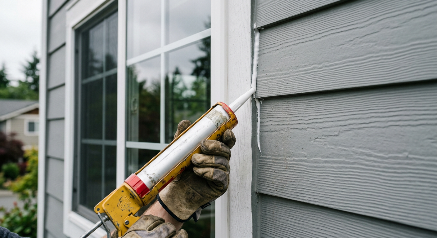 Applying a new bead of sealant during a window repair on a Snohomish home to improve energy efficiency.
