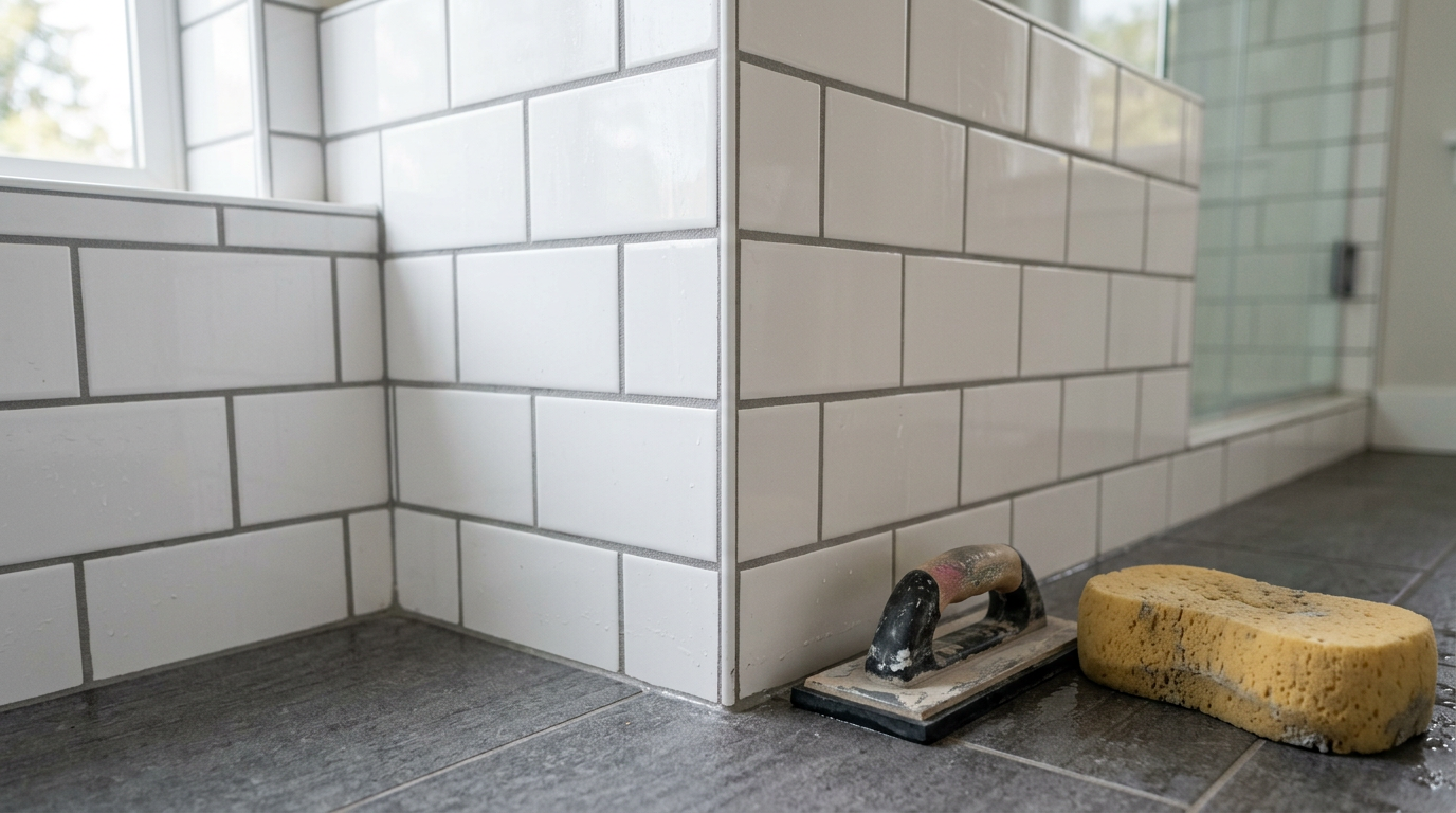 Clean, new grout lines in a shower after a professional tile and grout repair in Bellevue, WA.