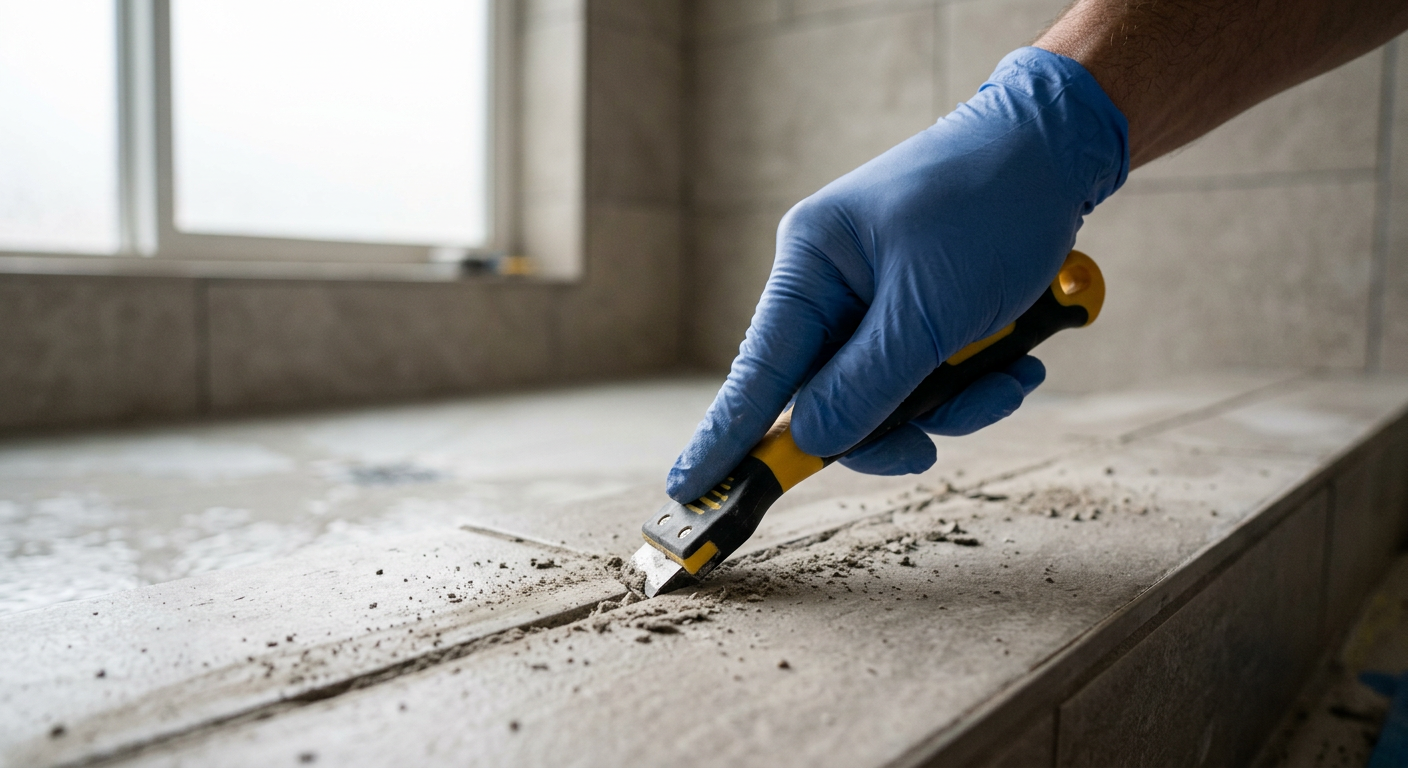 Close-up of a tile and grout repair in progress in a Medina, WA shower.