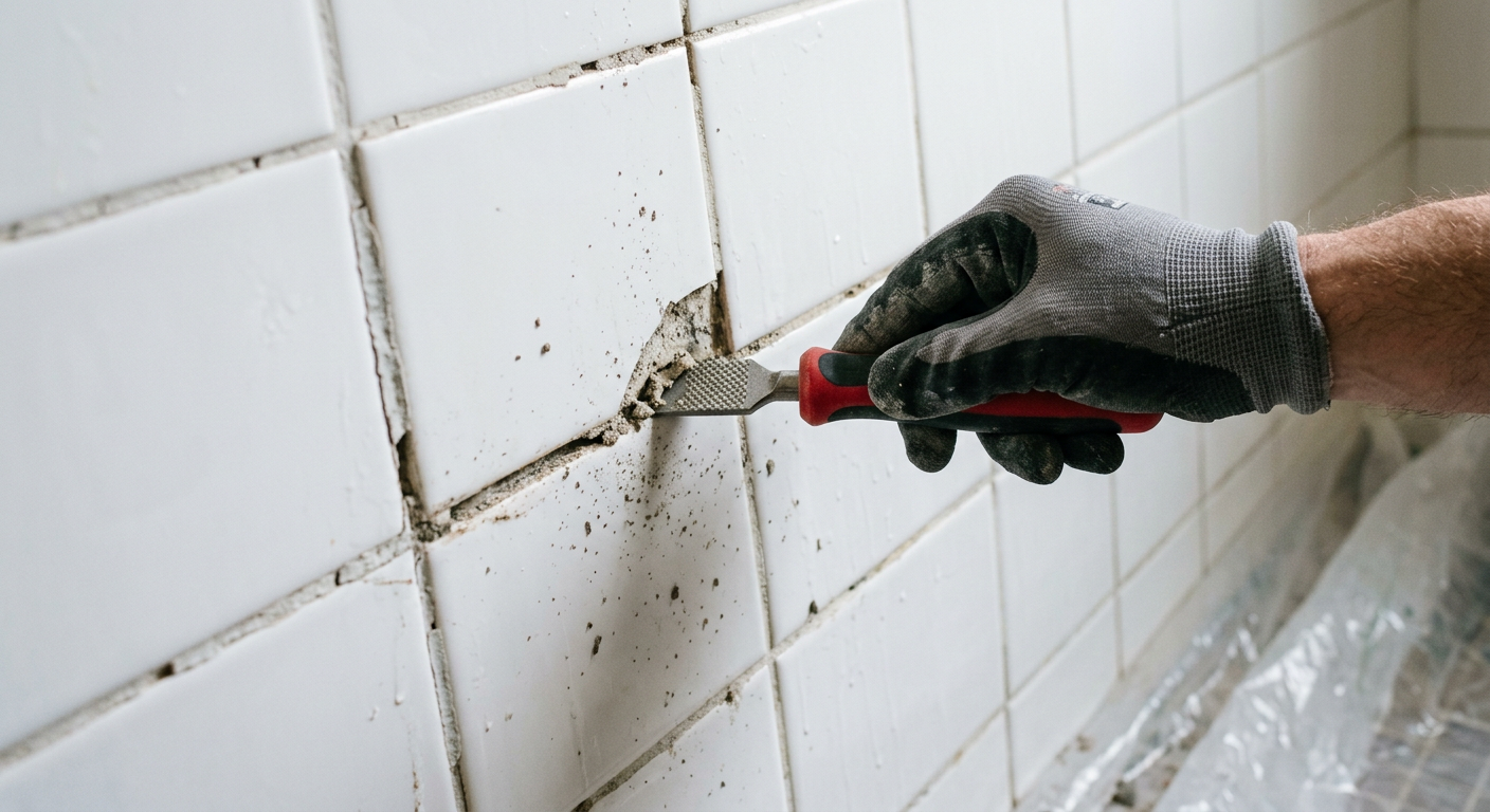 Close-up of a hand performing tile and grout repair on a shower wall in a Medina, WA home.