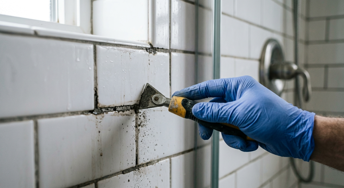 A close-up of a hand performing professional tile and grout repair on a shower wall in a Medina, WA home.