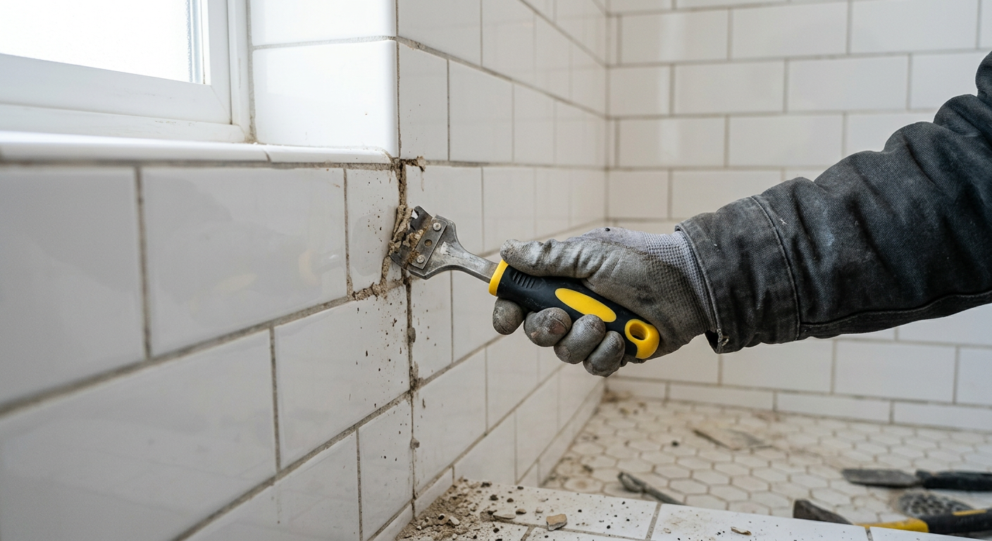 Close-up of a contractor using a manual carbide grout rake on shower tile in a Monroe WA home.