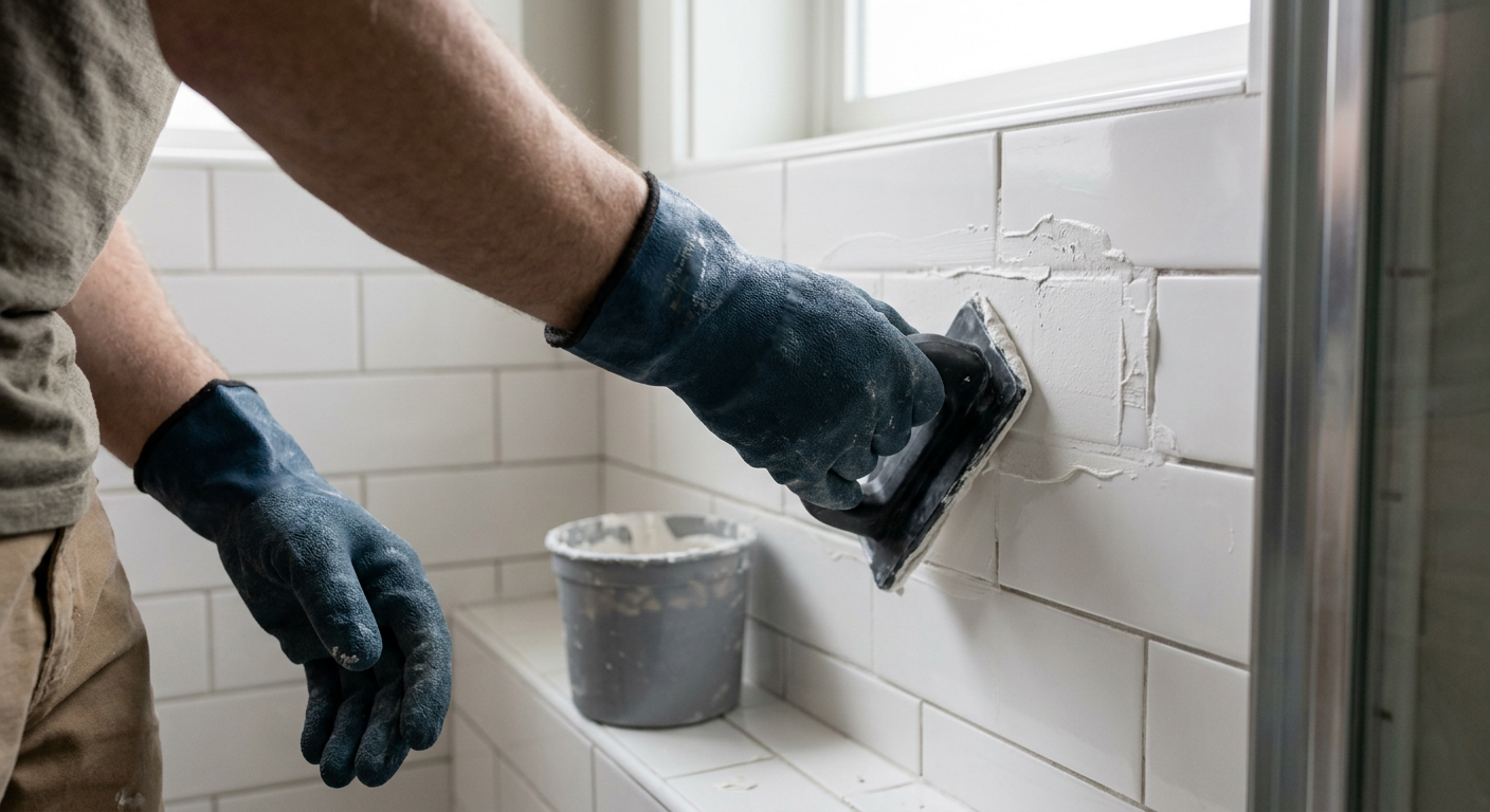Close-up of professional tile and grout repair being performed on a shower wall in a Monroe, WA home.