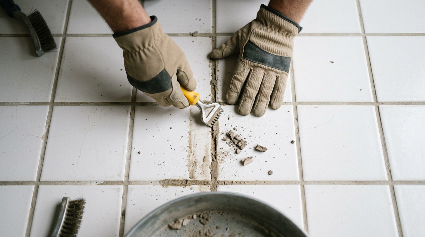 Handyman carefully removing old grout during a tile and grout repair project in a Sammamish WA home.