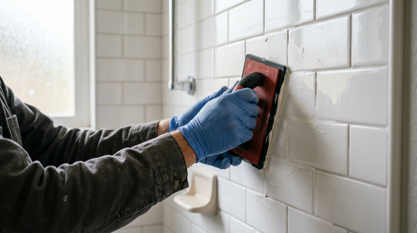 Close-up of a handyman performing tile and grout repair on a shower wall in an Arlington, WA home.