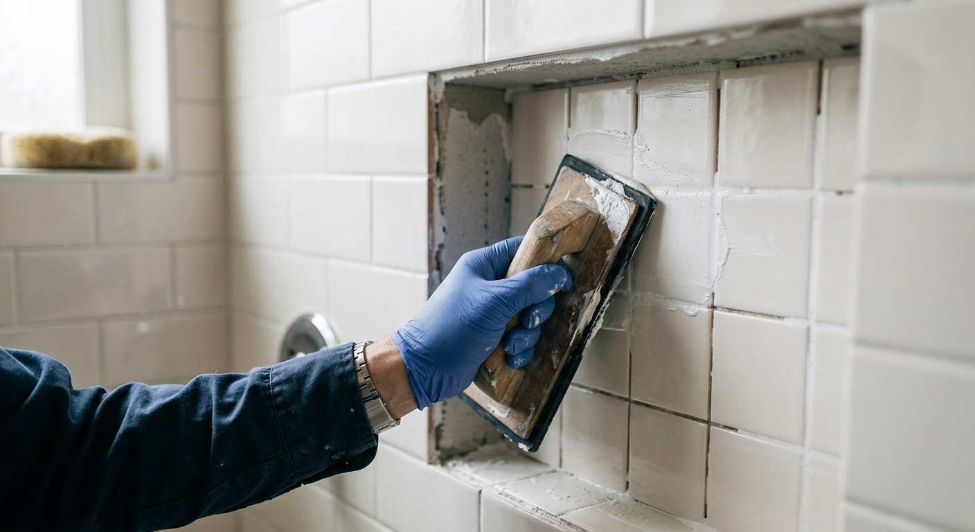 Close-up of a professional performing tile and grout repair in a Bellevue, WA home.
