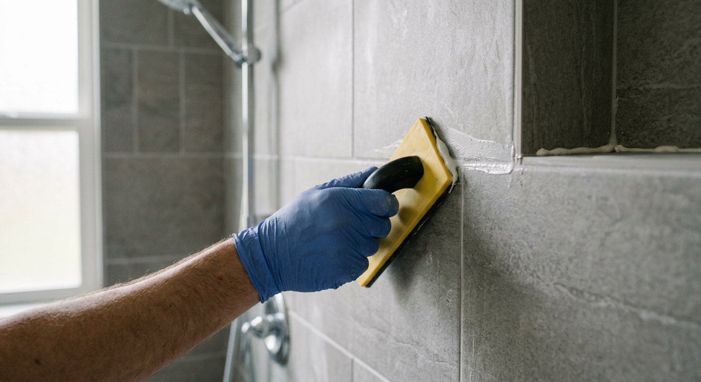 Close-up of professional tile and grout repair being done in a Bellevue, WA home shower.