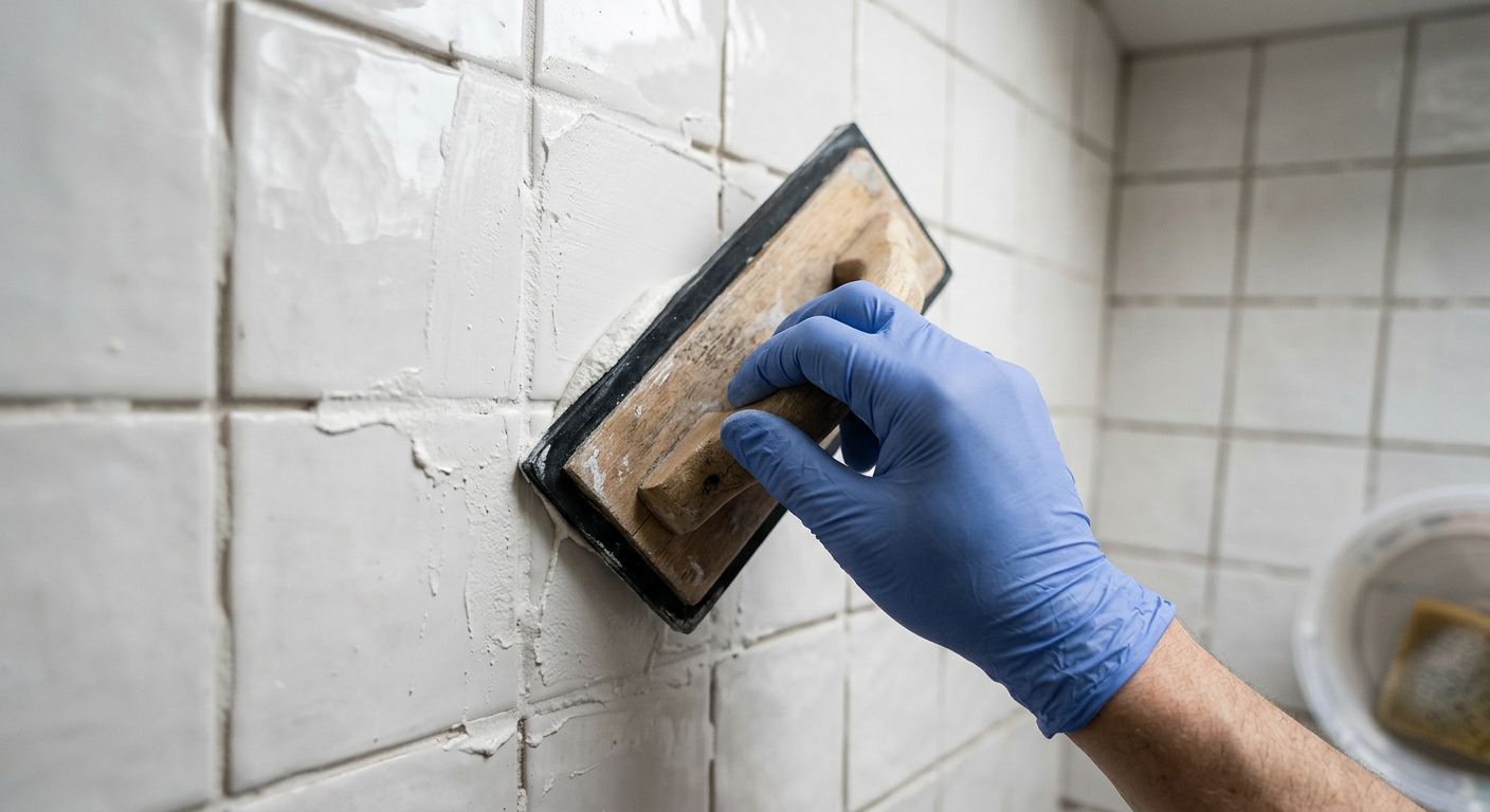 A handyman performing professional tile and grout repair on a shower wall in a Kenmore, WA home.