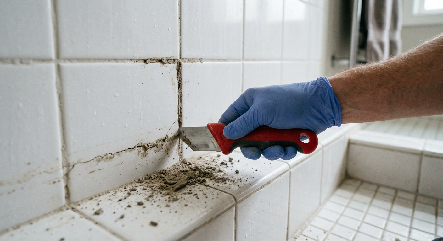 Close-up of professional tile and grout repair in an Arlington, WA home, showing old grout being removed.