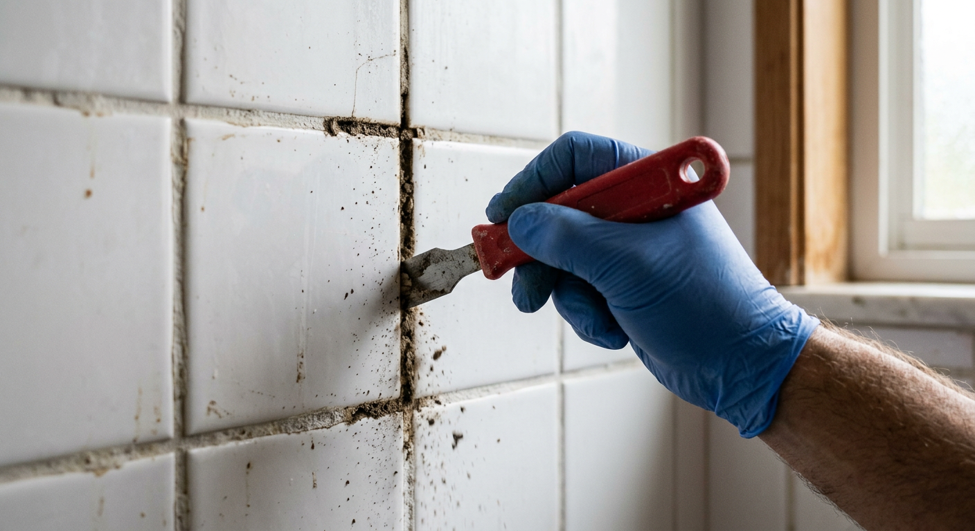 Close-up of a technician performing tile and grout repair on a shower wall in Kenmore, WA.