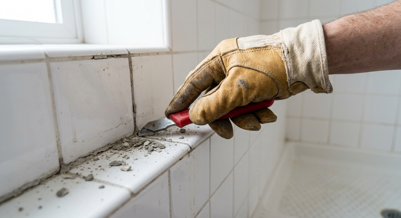 A close-up of a handyman performing a professional tile and grout repair in a Queen Anne shower.