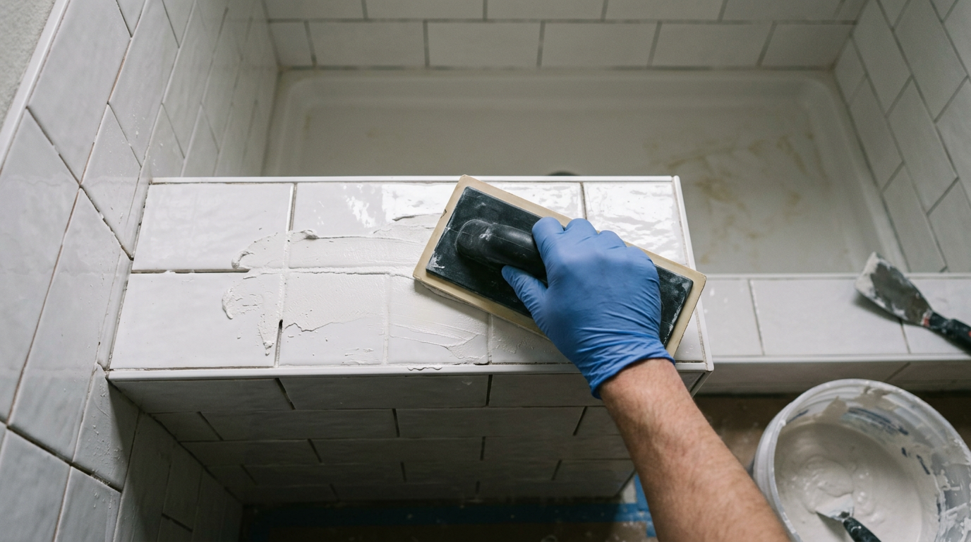Close-up of professional tile and grout repair in a Queen Anne, WA shower.