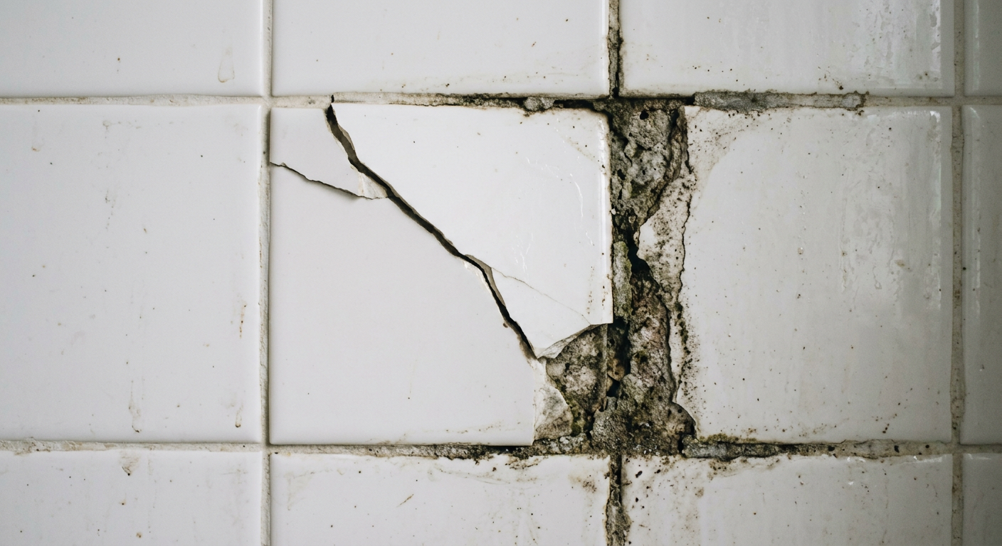 Close-up of a cracked shower tile and crumbling grout in a Queen Anne home needing repair.