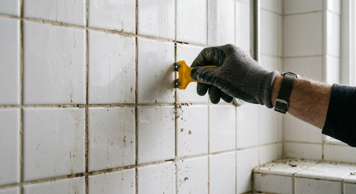 Close-up of a professional performing tile and grout repair in a Kenmore WA shower.
