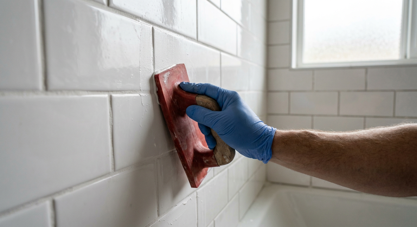 Close-up of a professional handyman performing tile and grout repair on a shower wall in Medina, WA.