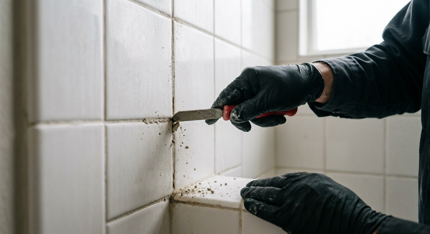Close-up of tile and grout repair being performed in a Monroe, WA shower.