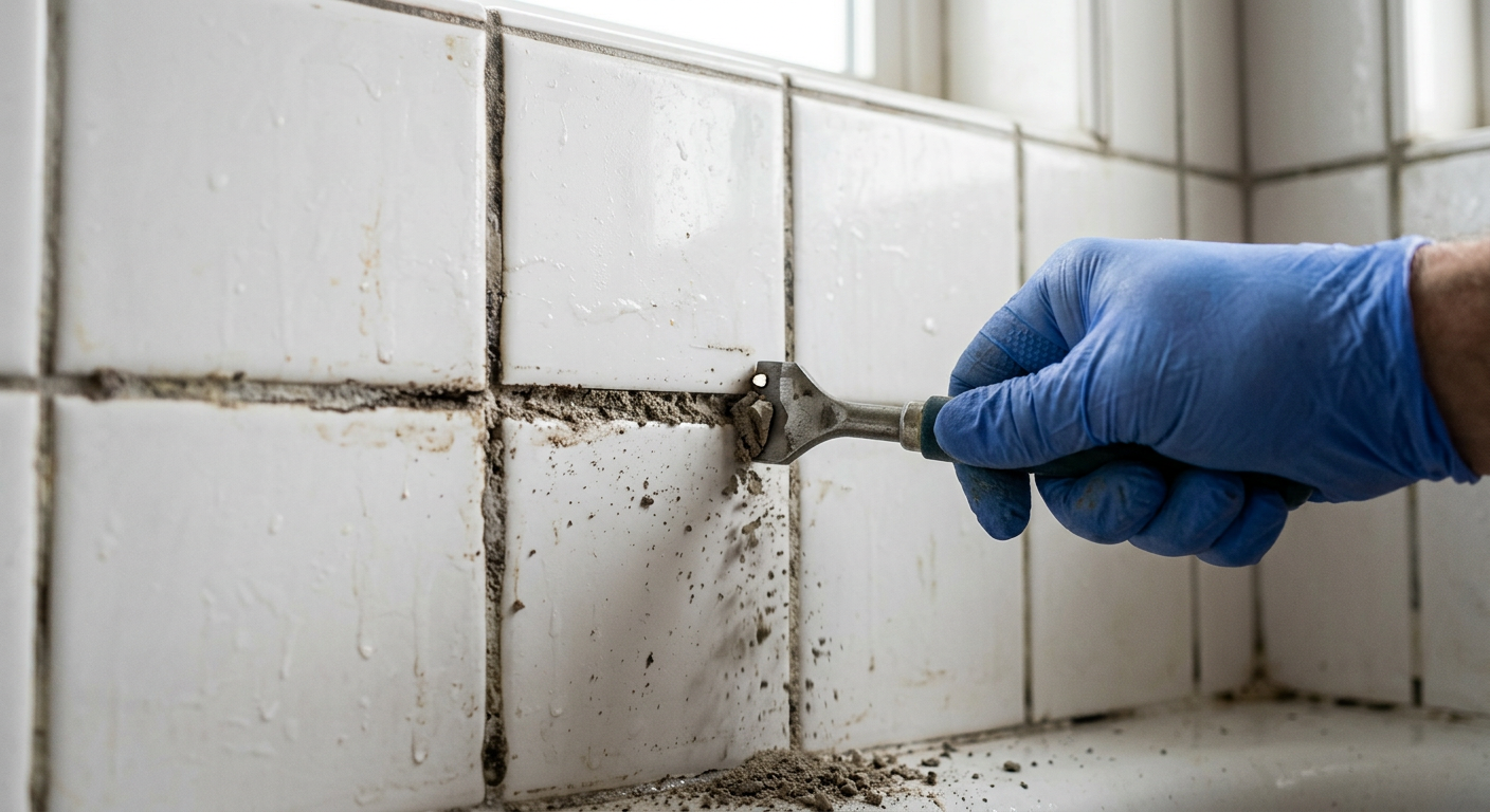 Close-up of tile and grout repair in a Monroe, WA bathroom shower, with a tool removing old grout.