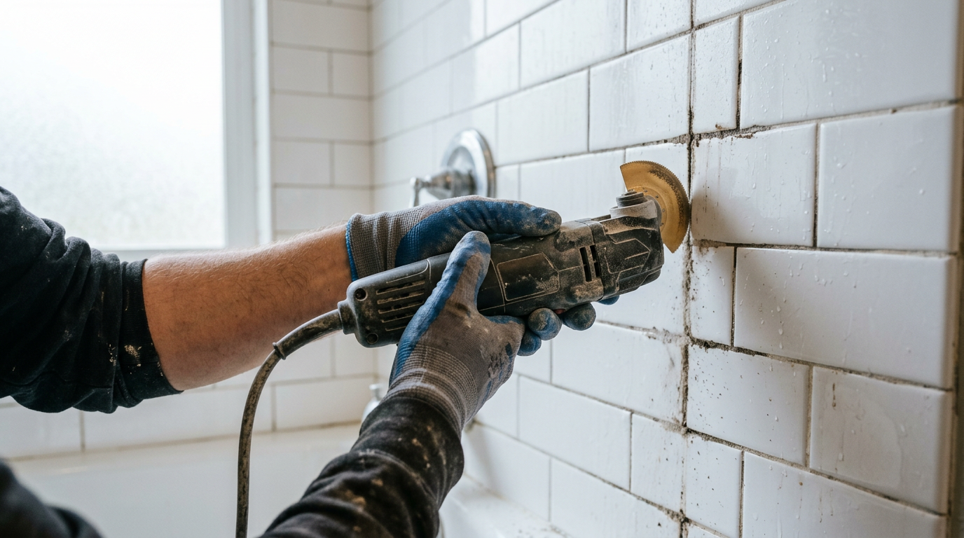 A professional performing tile and grout repair on a shower wall in a Monroe, WA home.