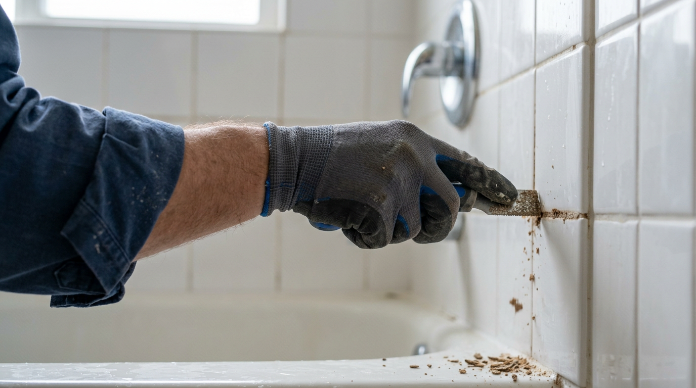 A close-up of a technician performing a professional tile and grout repair in a Queen Anne shower.