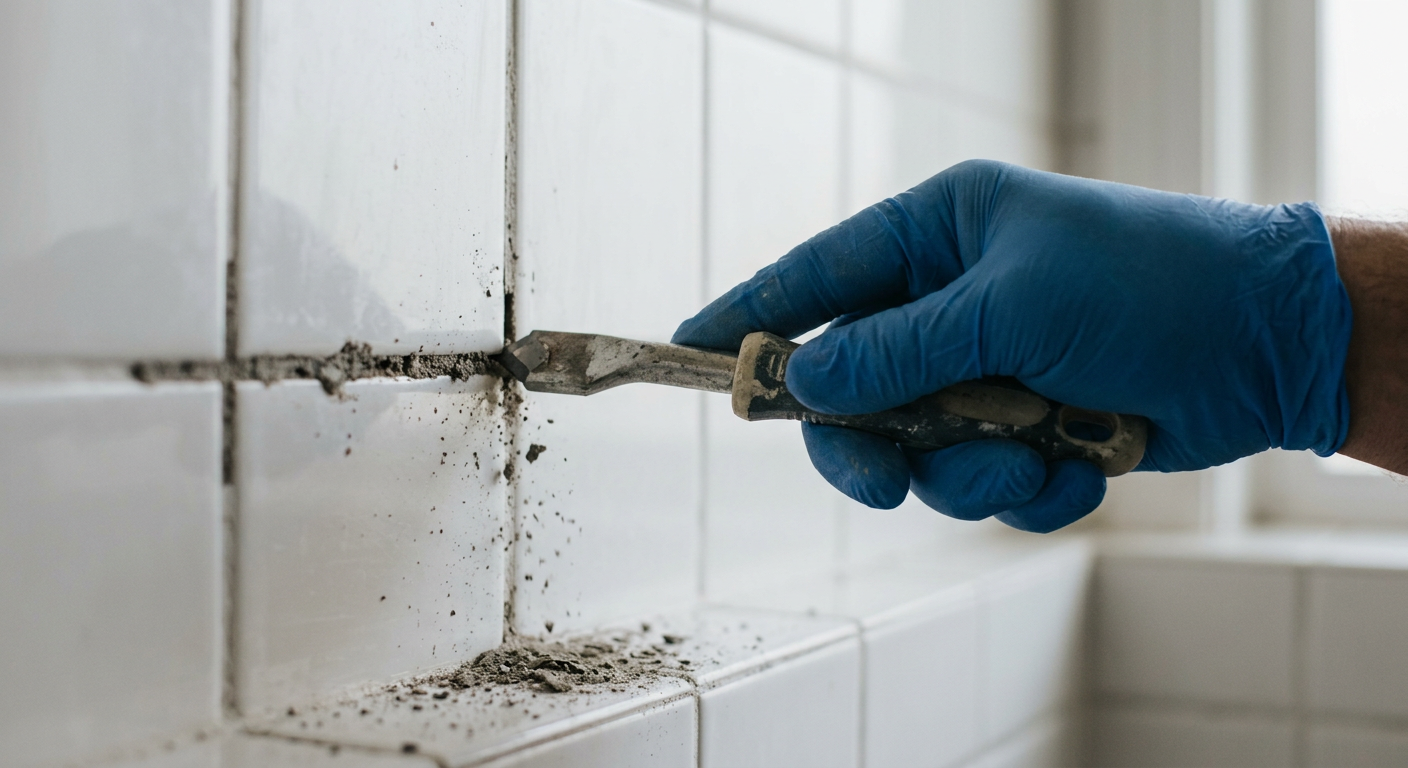 A professional carefully removes old, crumbling grout during a tile and grout repair in a Queen Anne shower.