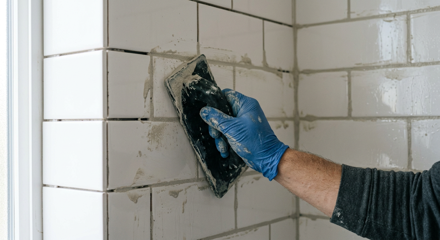 Close-up of a professional performing tile and grout repair in a Sammamish, WA shower.