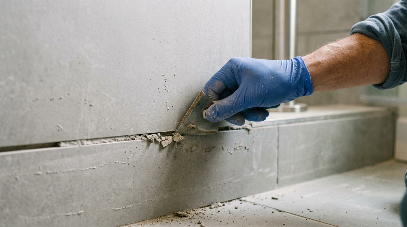 Close-up of a professional performing tile and grout repair in a Sammamish, WA shower.