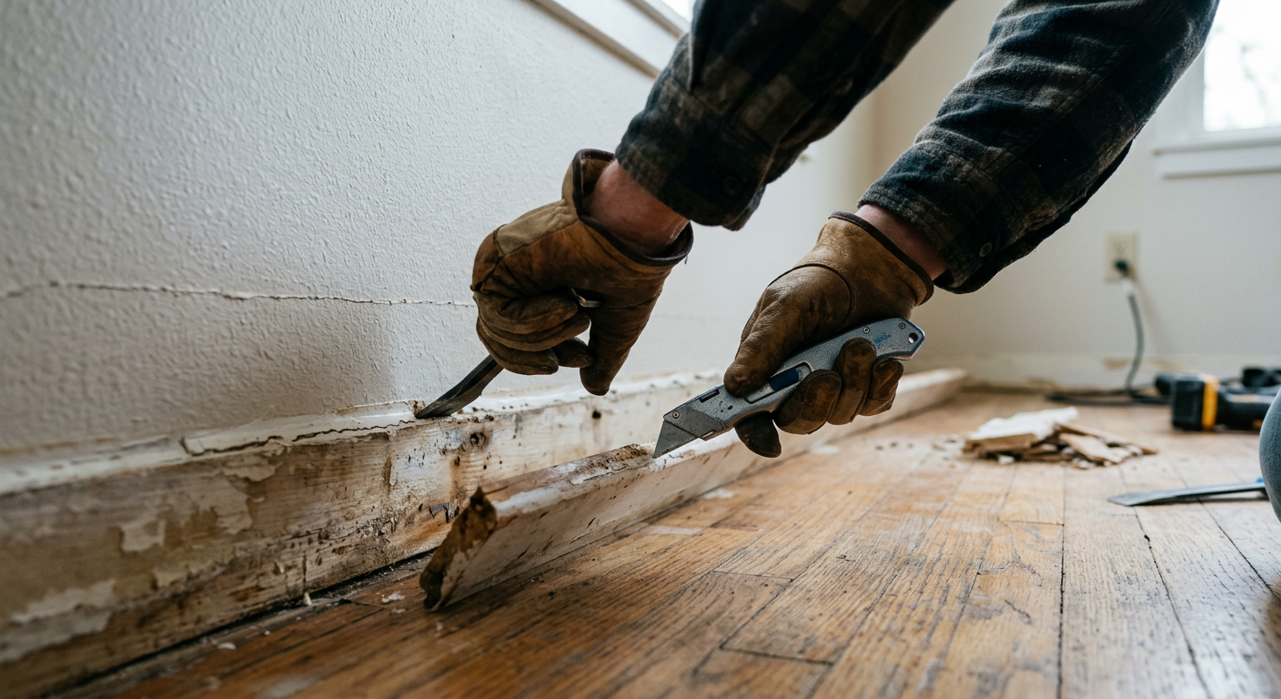 Close-up of baseboard trim repair work on drywall inside a Mountlake Terrace home
