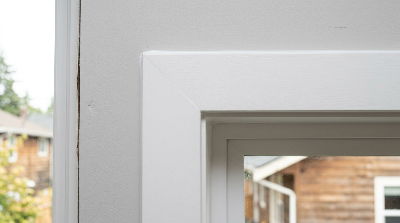 Close-up of a perfectly installed white window trim corner in a Bothell, WA home.