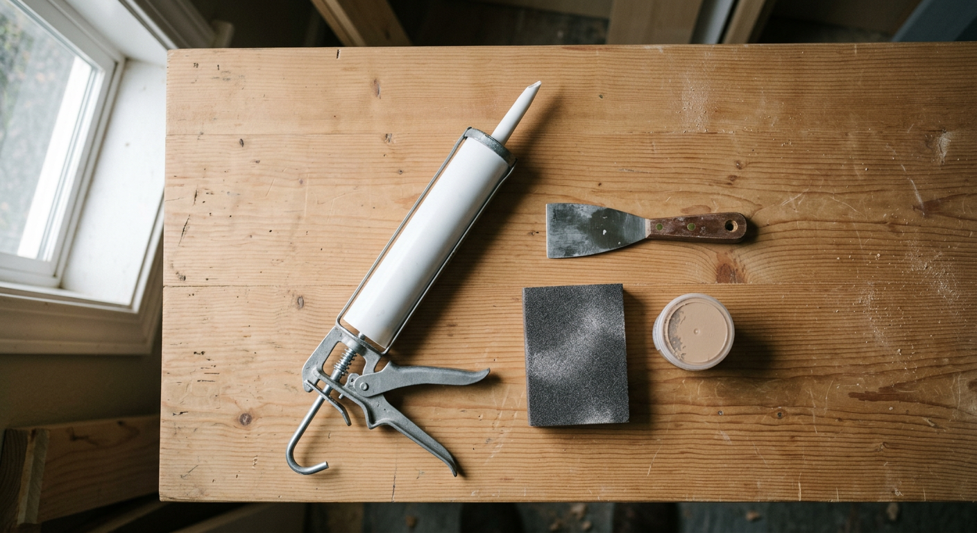 Tools for trim and molding repair laid out on a wooden surface in a Bothell, WA home.
