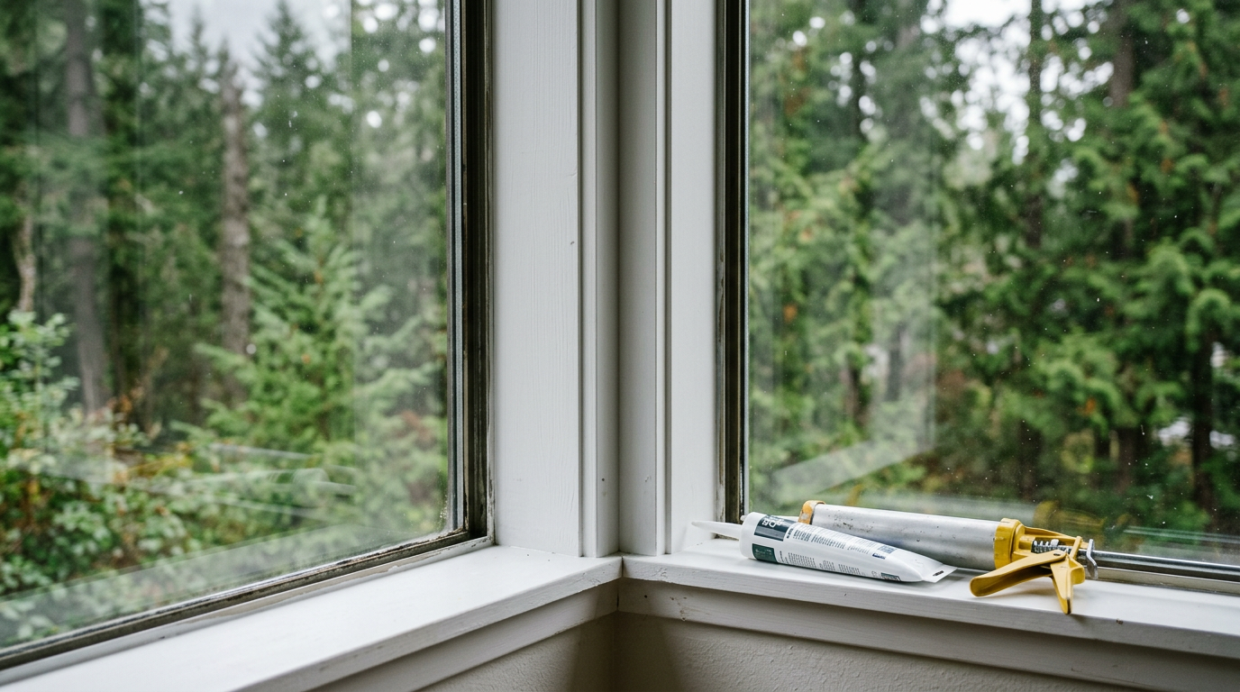 Perfectly mitered white window trim professionally installed in an Issaquah, WA home.