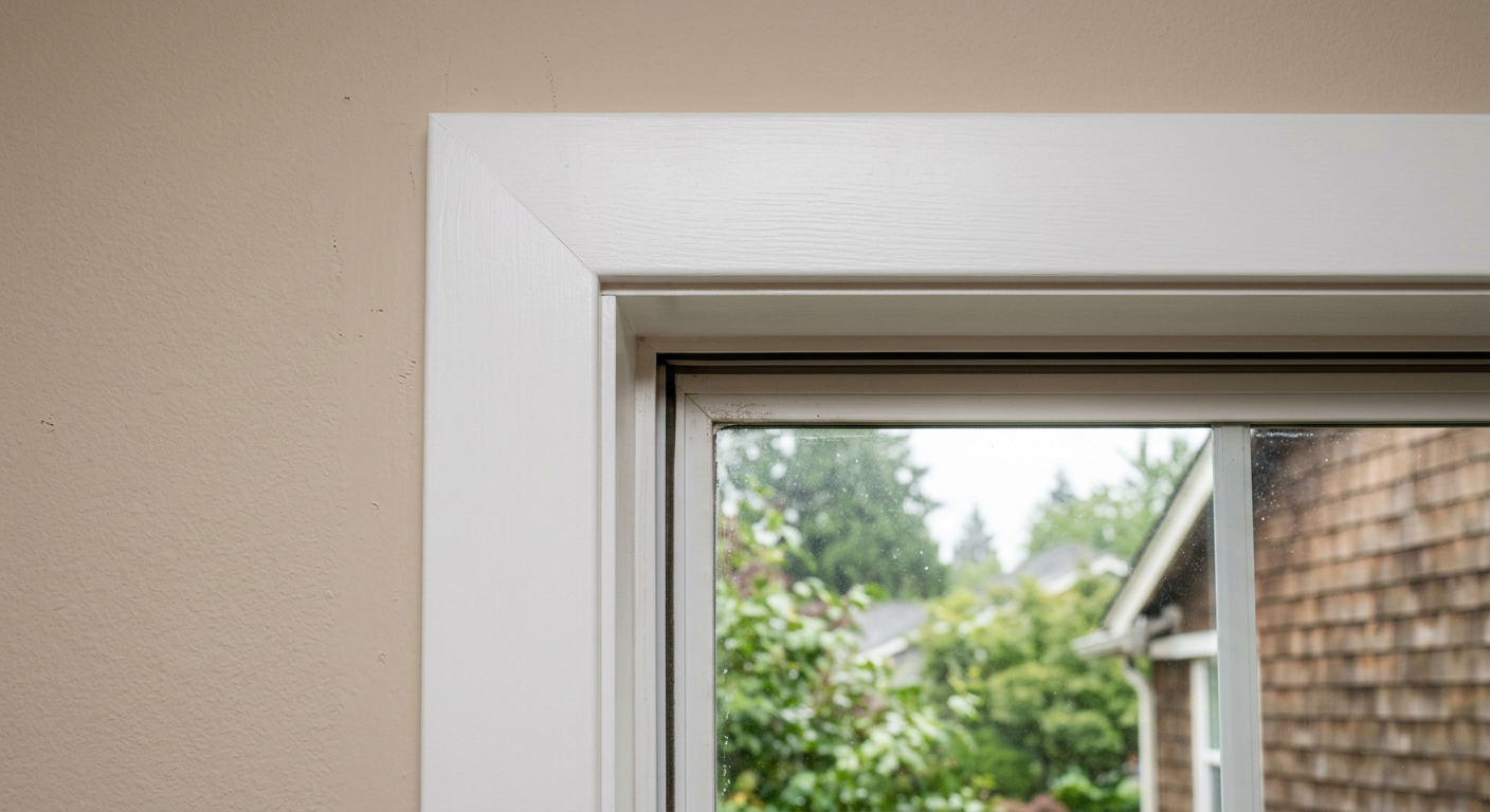 A close-up of a perfectly installed white window trim corner in an Issaquah, WA home.