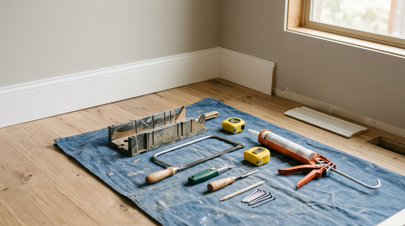 A set of tools for trim and molding installation rests on a drop cloth in a Mountlake Terrace home.