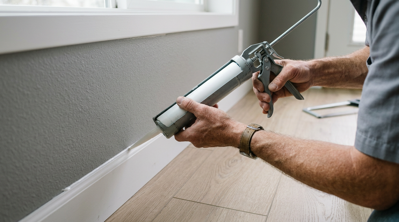 Close-up of a handyman repairing baseboard trim and molding in a Marysville, WA home.