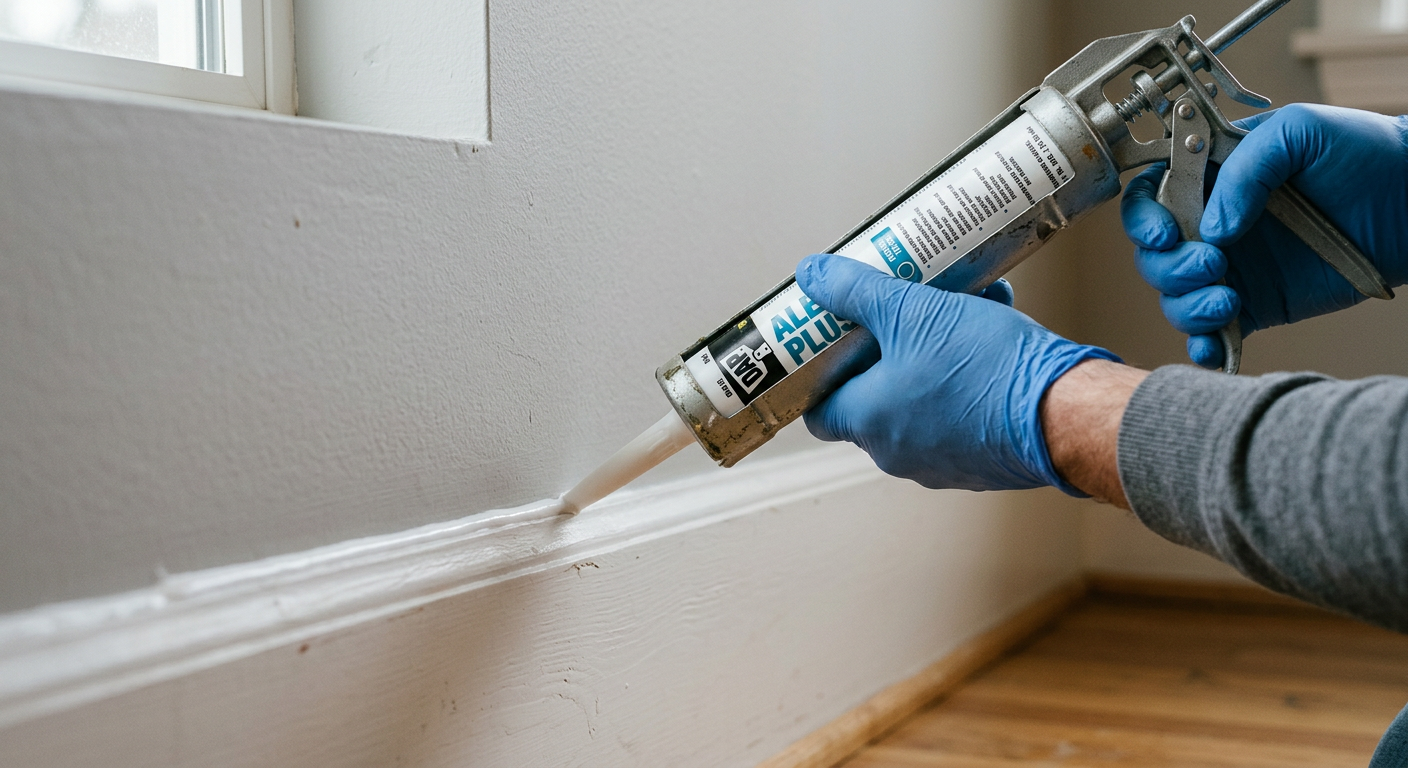 Applying fresh caulk to baseboard trim during a home maintenance project in Marysville, WA.