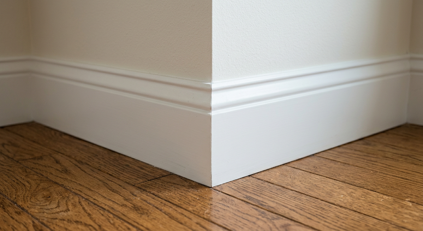 Perfectly installed white baseboard trim in a Mountlake Terrace home.
