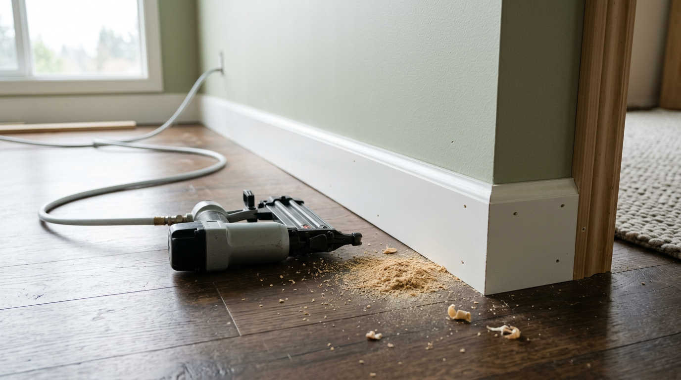 Newly installed white baseboard trim in a Lake Forest Park home, with a nail gun on the floor.