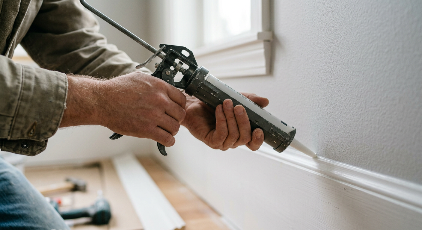 Close-up of a handyman repairing baseboard trim in a Lake Forest Park, WA home.
