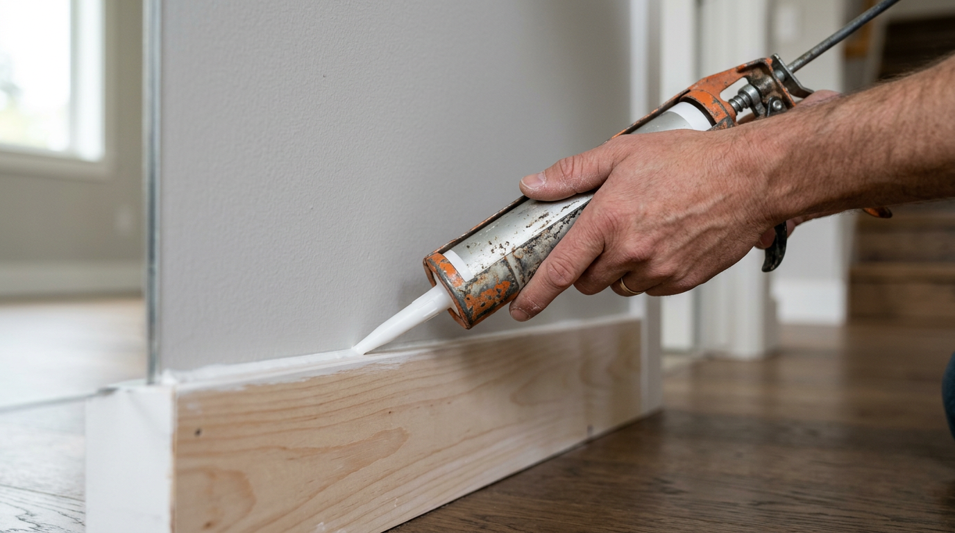 Applying caulk to a gap in the baseboard trim of a home in Lake Forest Park, WA.