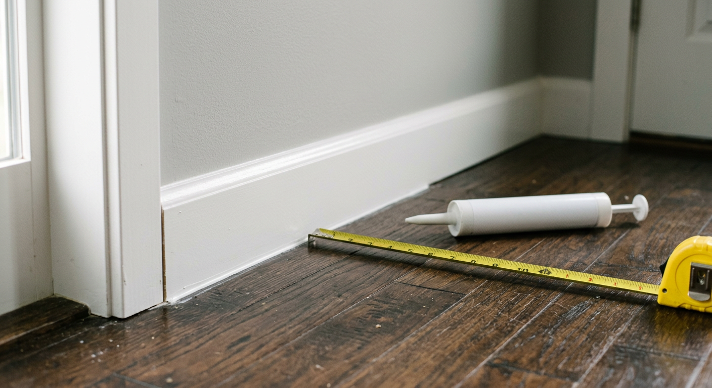 Close-up of newly installed baseboard trim being prepared for caulking in a Lake Forest Park home.
