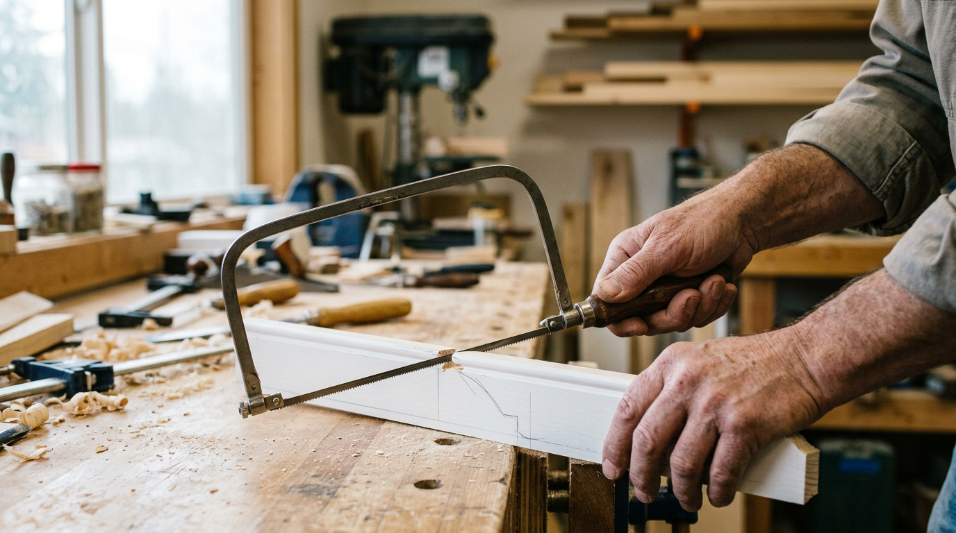 A close-up of a carpenter performing a precise coping cut on a new baseboard for a home in Marysville, WA.