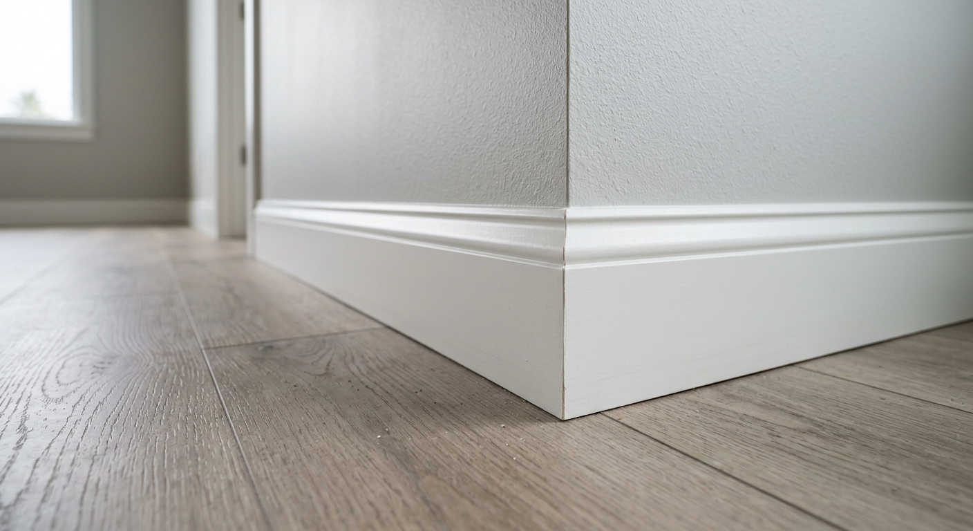 Pristine white baseboard trim professionally installed in a Marysville, WA home.