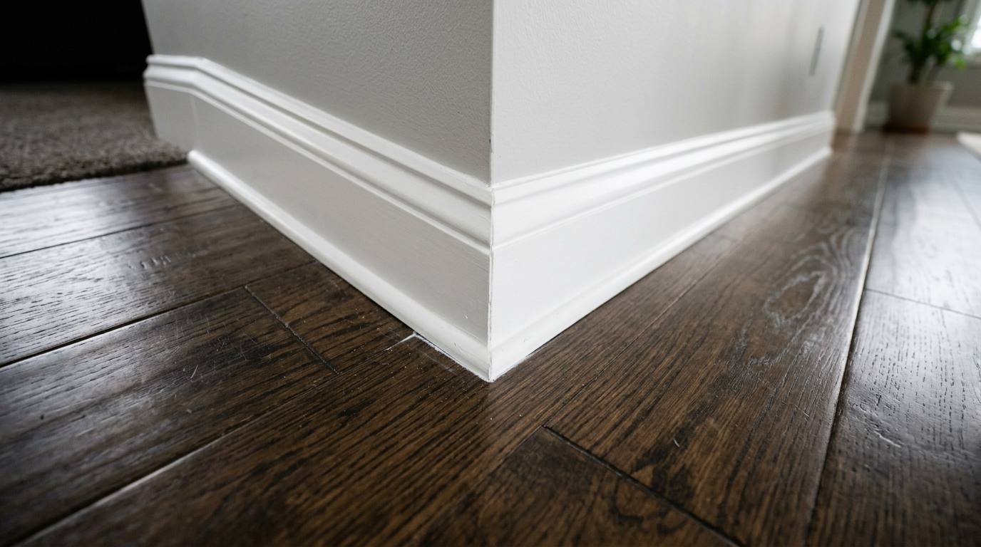 Clean, newly installed white baseboard trim in a Mountlake Terrace home.