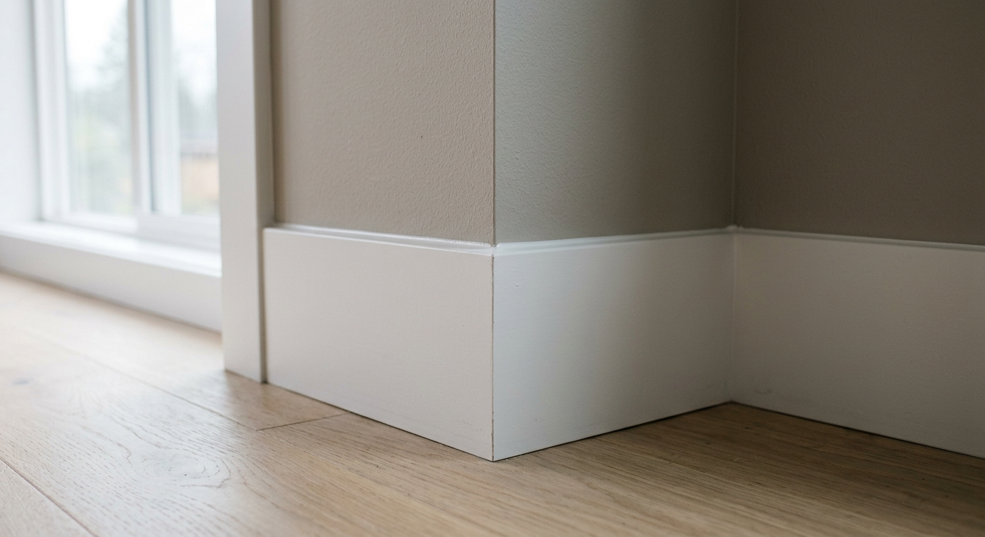 A perfectly mitered corner of newly installed white baseboard trim in a Mountlake Terrace home.