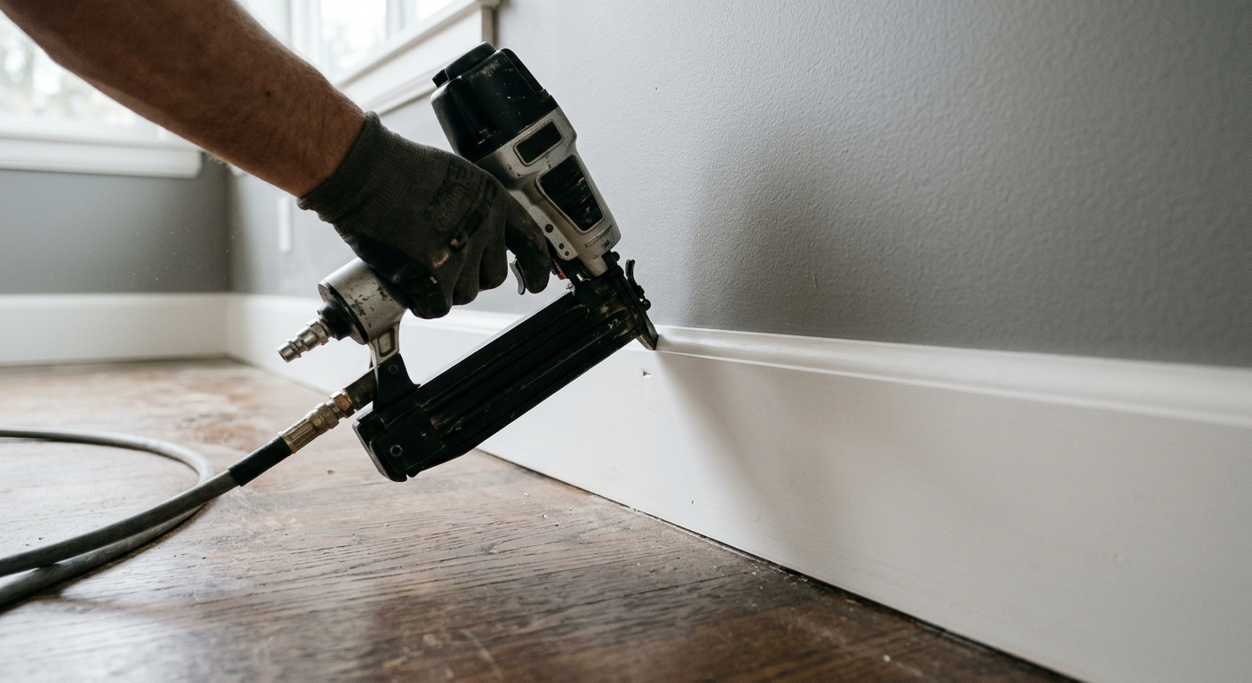 Close up of a finish nailer installing new baseboard trim in a Mountlake Terrace home.